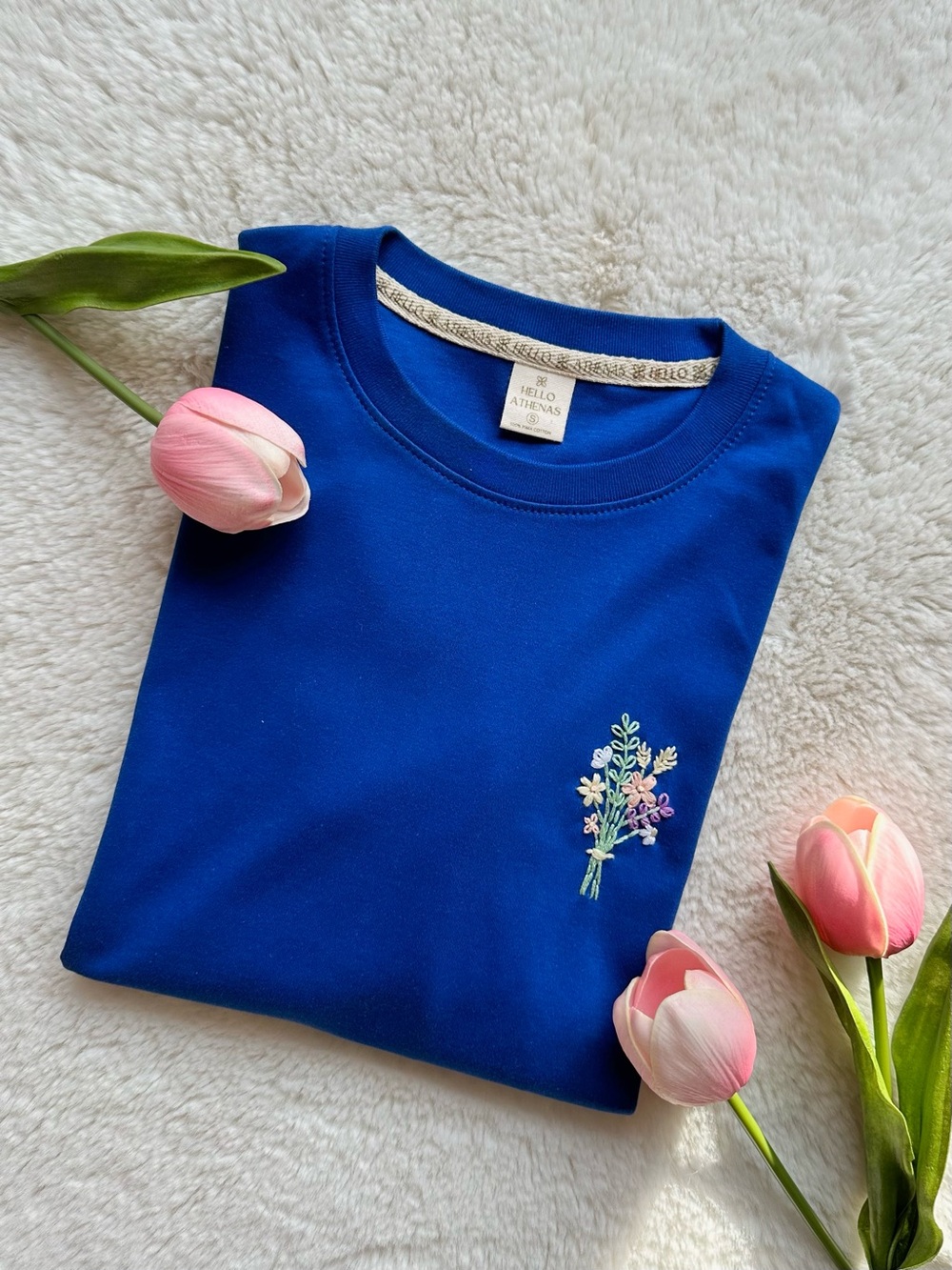 Hello Athenas Women’s Hand Embroidered Pima Cotton Tee Short Sleeve Royal Blue S